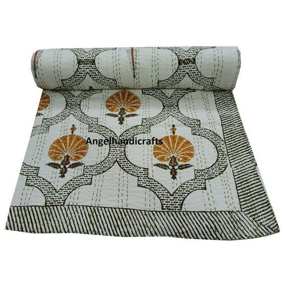 Hand Block Floral Print Kantha Quilt Cotton Bedsheet Indian Blanket Handmade Bedcover Indian Bedding Coverlet Modern Throw Vintage Gudari