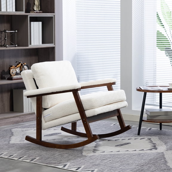Resenkos Upholstered Wooden Framed Rocking Chair, Mid-Century Modern Accent Seat for Bedroom, Sunroom and Lounge, White