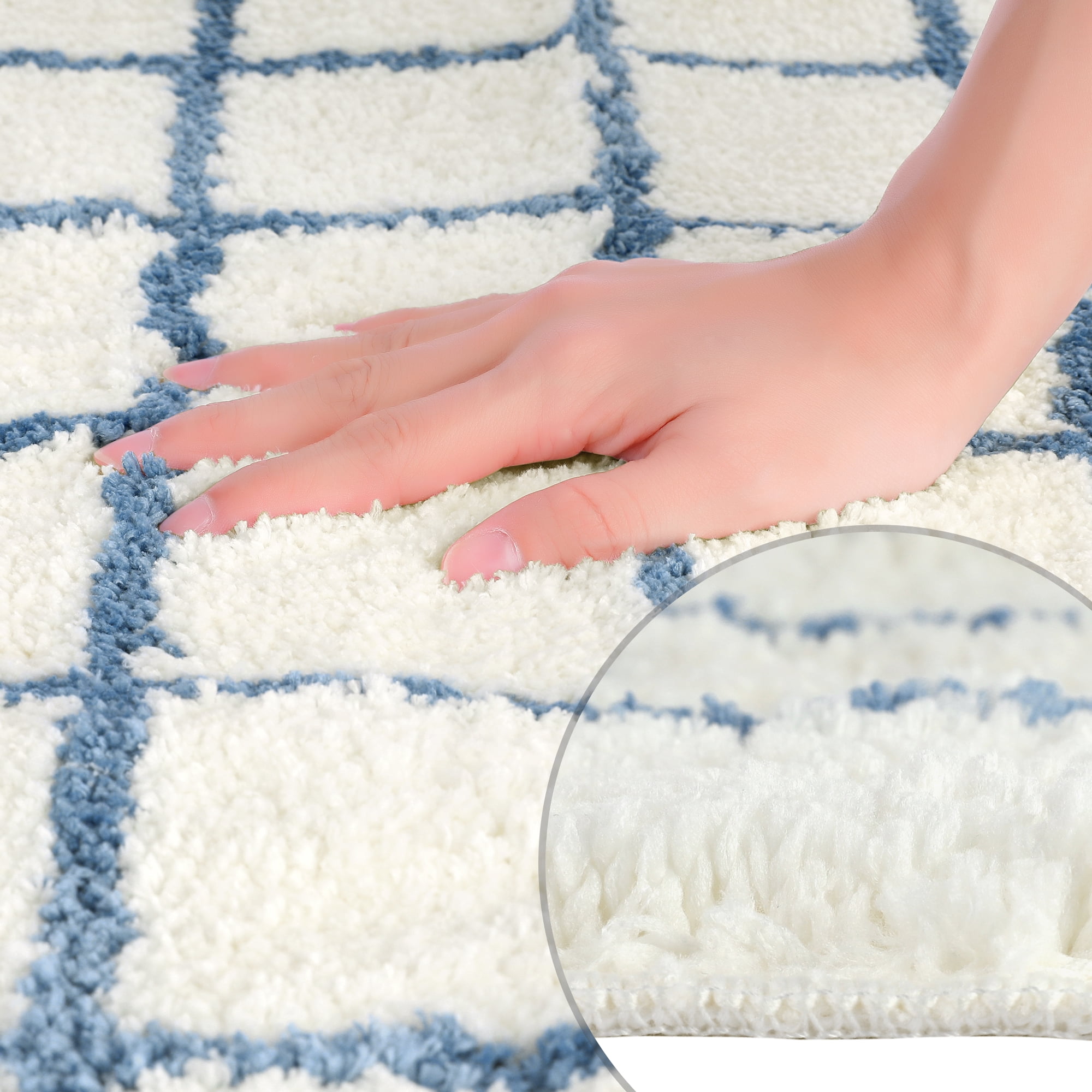 Unique Bargains 2 Pcs Checkered Absorbent Non Slip Bath Mats Soft Fluffy Bathroom Rugs Blue/Brown 20" x 32"