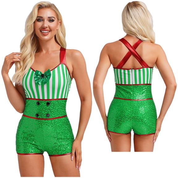 iiniim Womens Christmas Striped Cross Strap Dance Unitard Short Jumpsuit Performance Green L