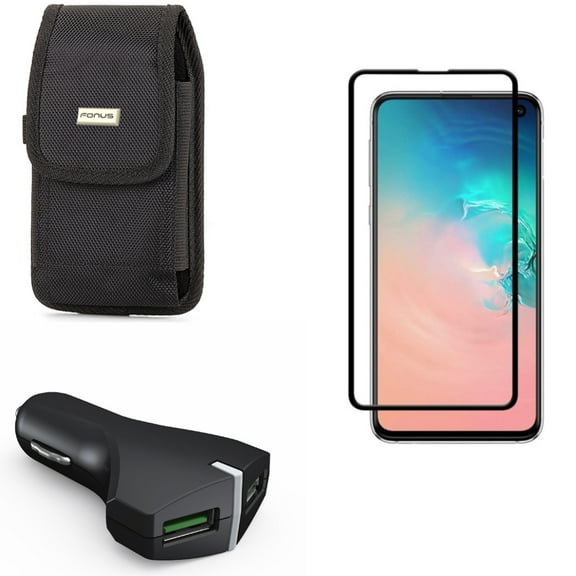 Galaxy S10e Case Belt Clip w Car Charger w Screen Protector - Swivel Holster Rugged, 36W Fast 2-Port USB Power, Tempered Glass 5D Curved Edge for Samsung Galaxy S10e Phone