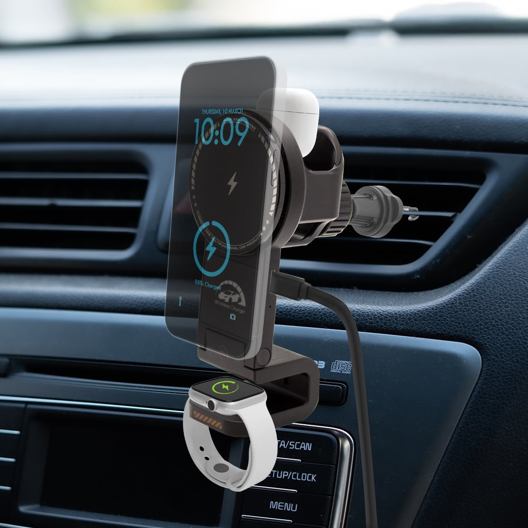 3-in-1 Magcharge Car Mount With Wireless Charging for Phone, Airpods and iWatch