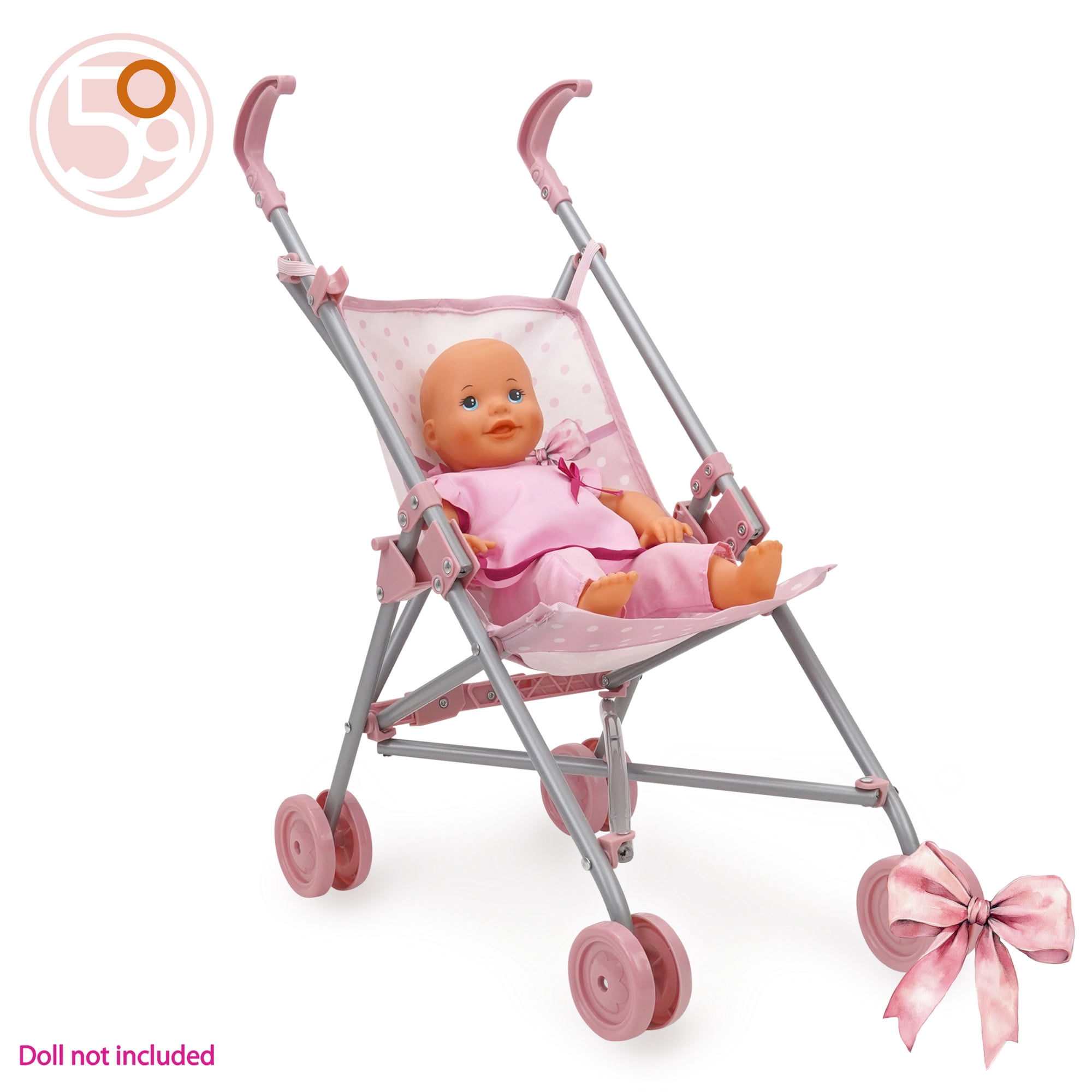 509 Crew: Bow Umbrella Doll Stroller - Pink & White, Push Buggy, Secure Safety Harness, Lightweight & Foldable, Roleplay Toy, Doll Accessory, Kids 3+