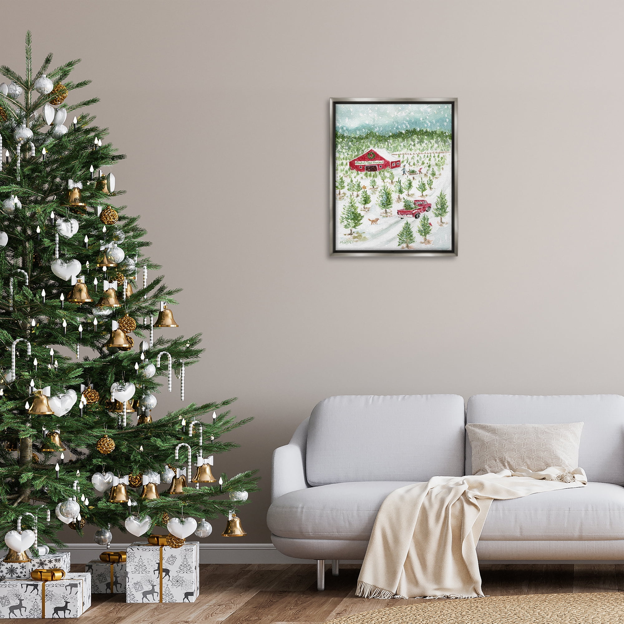 Stupell Industries Christmas Tree Farm Holiday Painting Gray Floater Framed Canvas Art Prints Wall Art, 25 x 31