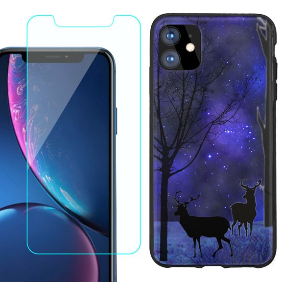 For Apple iPhone 11 Phone Case , Slim-Fit TPU Protective Case (Black), with Tempered Glass Screen Protector, by OneToughShield ® - Midnight Forest