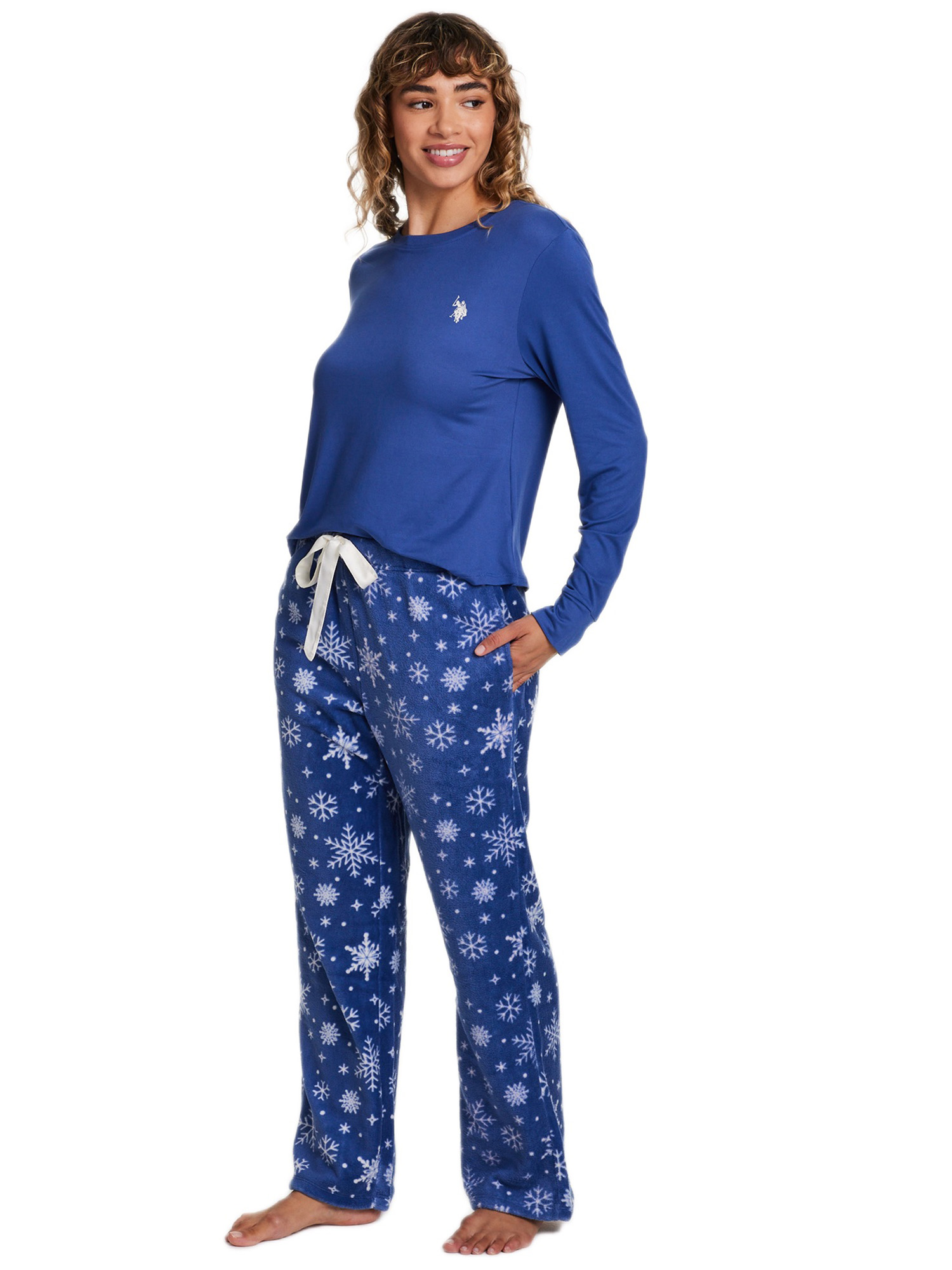 U.S. Polo Assn. Women's Holiday Giftable Long Sleeve Top and Plush Pant Pajama Sleep Set, 2-Piece, Sizes S-3X