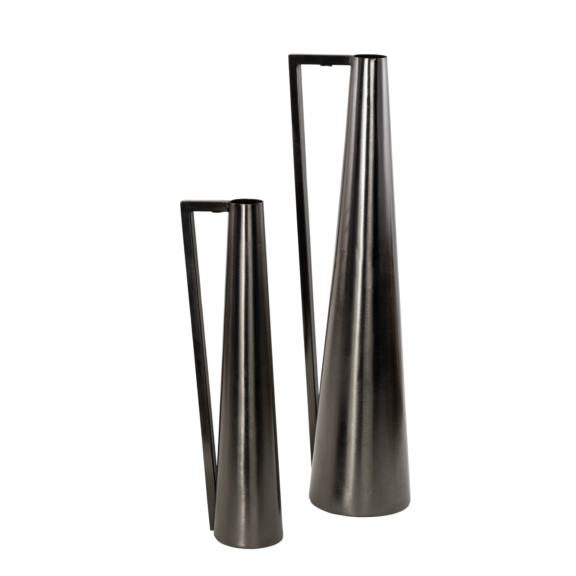 DecMode 17", 22"H Slim Cone Dark Gray Metal Vase with Extended Handles, Set of 2