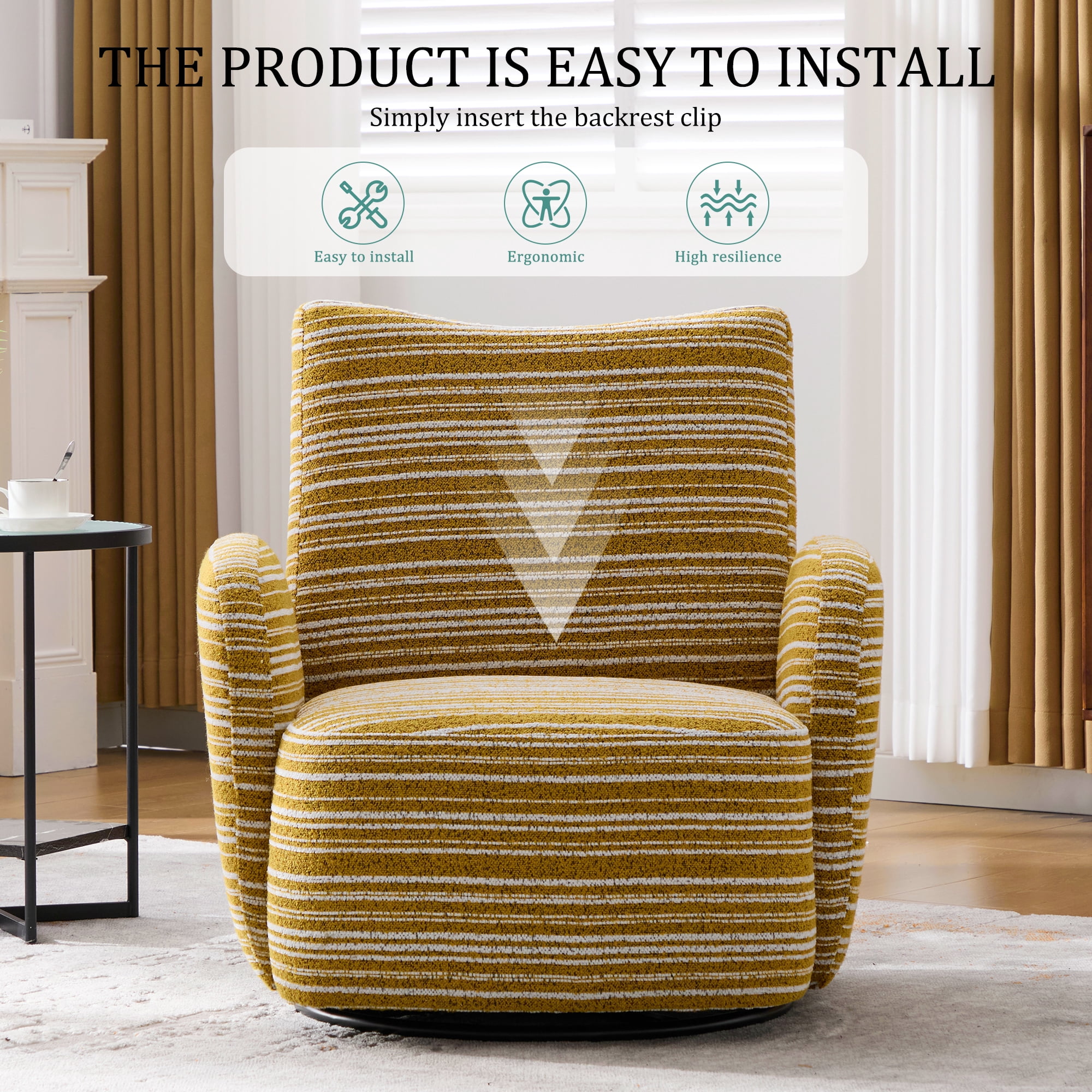 MOONMISS Boucle Upholstered 360°Swivel Fabric Striped Armrest Leisure Chair for Living room-Yellow