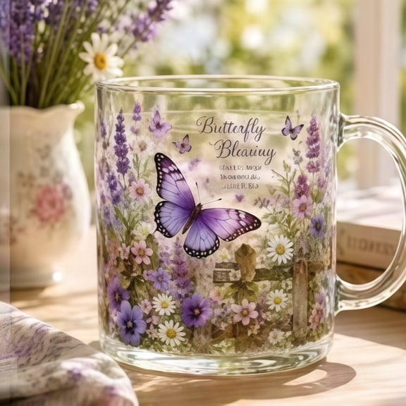 Home Kitchen Drinkware Glass Coffee Mug Purple Butterfly Lavender Drinking Cup Vintage Garden Wildflower Decorative Glass Tumbler with Handle for Latte Coffee Tea Juice Hot Beverages Holiday Gift