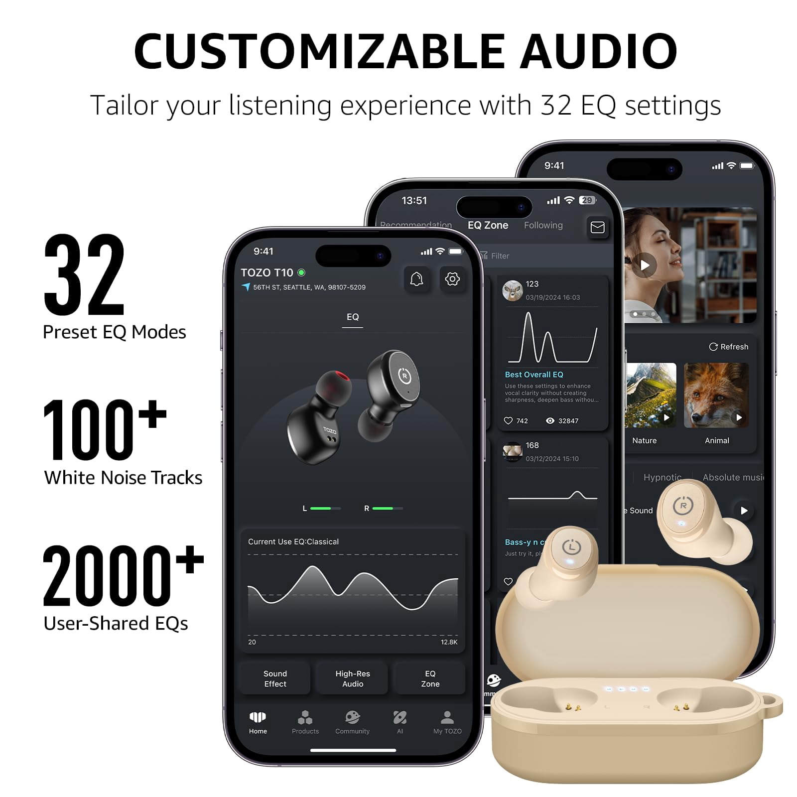 TOZO T10 Bluetooth Earbuds Bluetooth Headphones, 55H, Stereo Bass, App Customize 32 EQ, Wireless Charge, IPX8 Waterproof, 100+ White Noise Tracks, Ergonomic Design, khaki