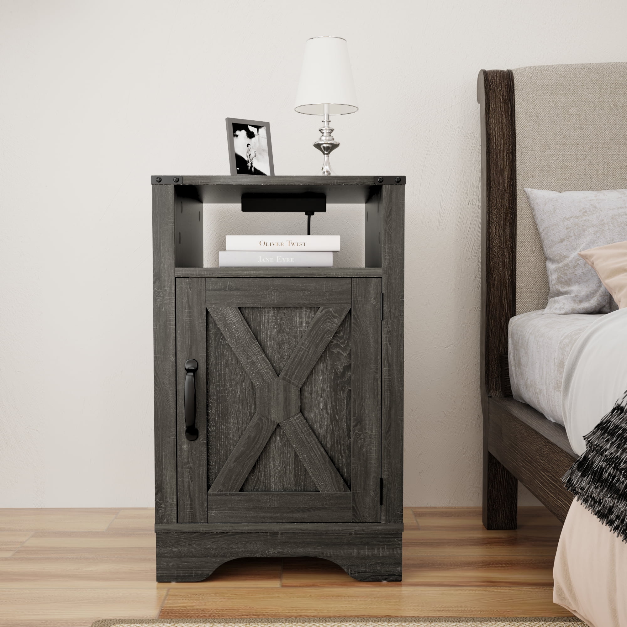 CozyHom Modern Farmhouse USB Nightstand With Charging Station, End Side Table With Charging Station&Storage Cabinet For Bedroom, Dark Grey