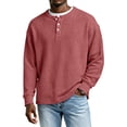 thumbnail image 2 of Men's Fashion Waffle Henry Shirt Long Sleeve Crewneck Textured Knit Pullover Loose Casual 1/4 Button Tops Wine L, 2 of 7