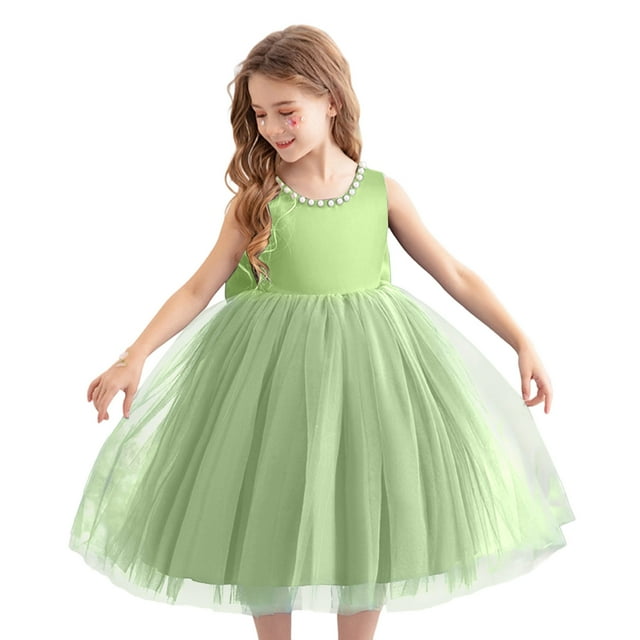 Wdgfv Robe de Demoiselle d'Honneur Enfant Satin Tulle Invitée de Mariage Fête Anniversaire Demoiselle d'Honneur Communion Concours Bal Robe Maxi Vert Menthe 150