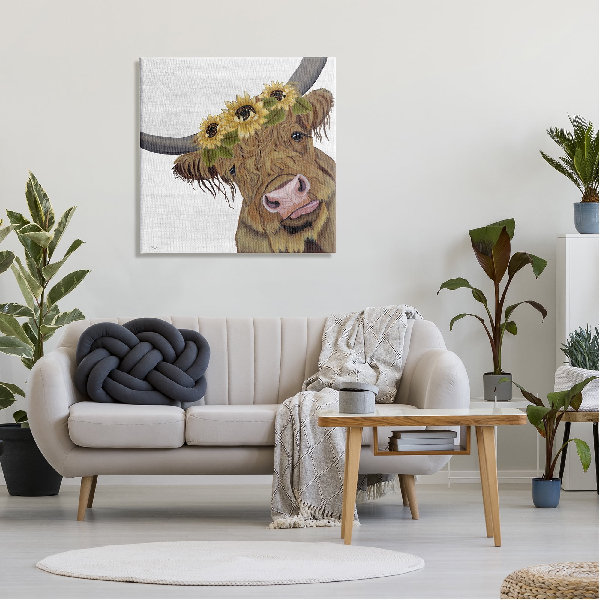 Stupell Cute Highland Cattle Sunflower Crown Animals & Insects Painting Gallery Wrapped Canvas Print Wall Art