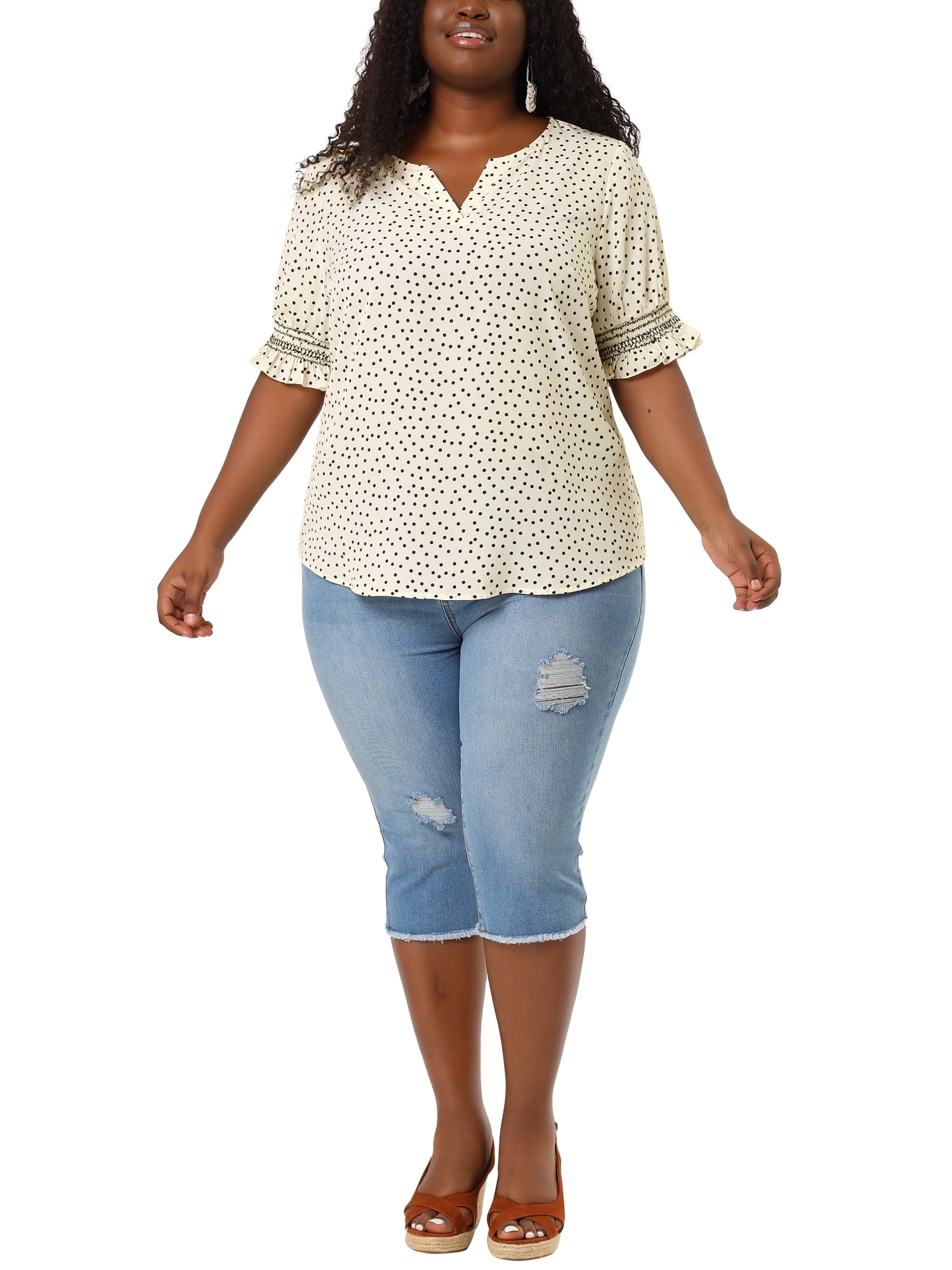Unique Bargains Women's Plus Size Dots Heart Smocked Short Sleeve Blouse 3X White