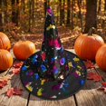 thumbnail image 5 of Halloween Shiny Glitter Satin Pointed Witch Hat with Wide Brim, Wizard Costume Accessory, Eye-catching Headwear for Halloween Party, Holiday Dress Up & Celebrations Black, 5 of 6