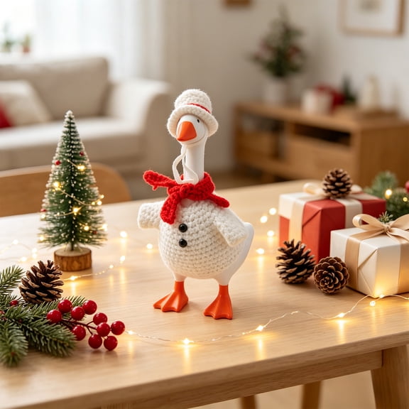 Desk Goose Holiday Outfits, 7 Inch Desk Goose Christmas Outfits, White Knit Sweater Santa Hat Scarf for Desktop Goose Statue Holiday Decor Gift