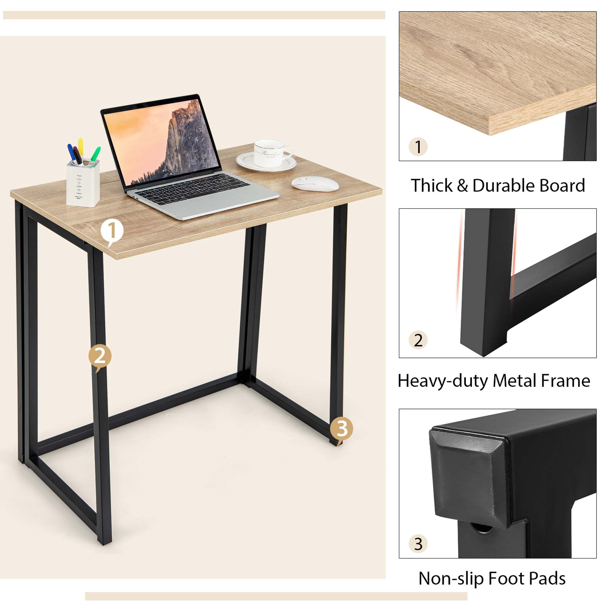 Costway Folding Computer Desk No Assembly Study Writing Table for Small Spaces Natural