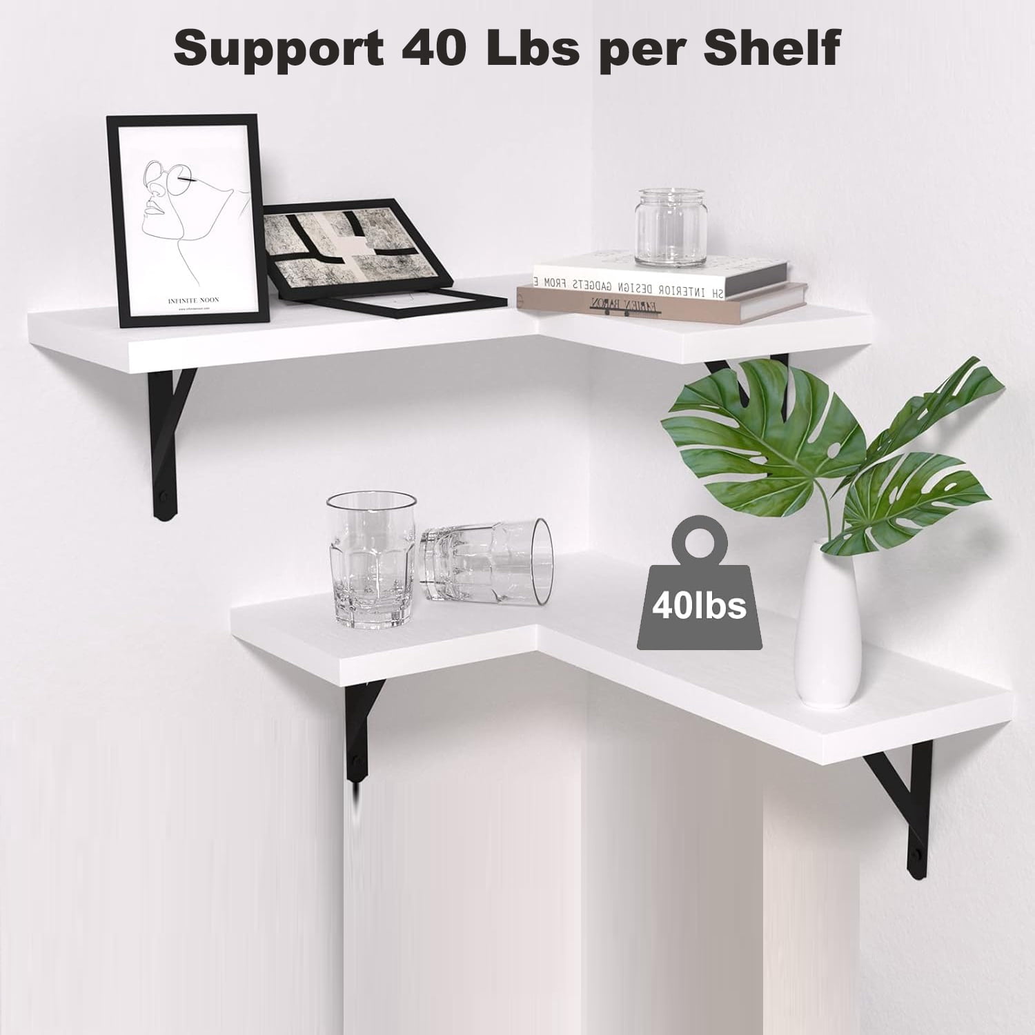 17" Corner Floating Shelves Wall-Mounted Set of 2 White Rustic Wood Shelf for Decor & Storage for Livingroom Kitchen Bedroom Bathroom Laundry Room