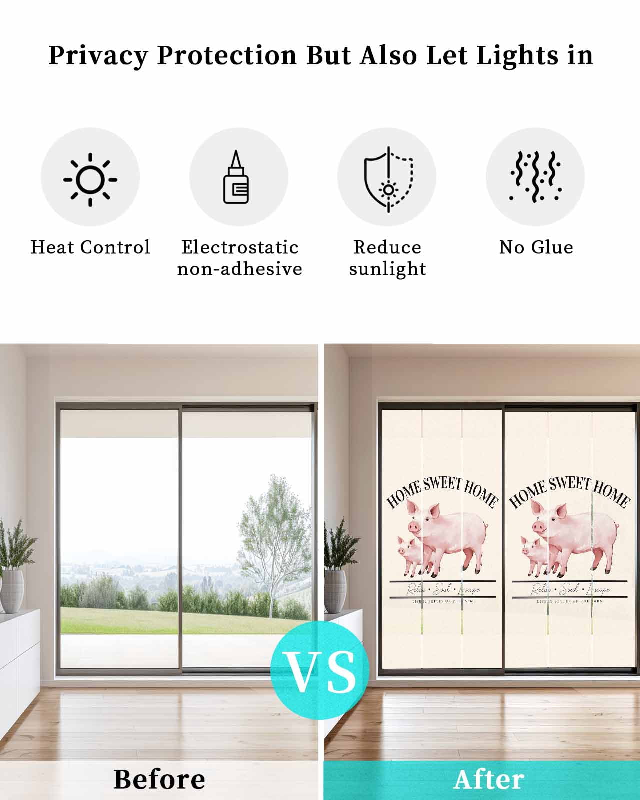 Window Privacy Film Farmhouse Pig Stained Glass Window Film Decorative Sun Block Window Cover Watercolor Cute Animals Retro Art Window Clings Static Adhesive Sticker for Bathroom 23.6"x59"