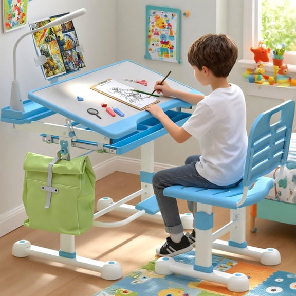 Height Adjustable Writing Tables, Desk and Chair Set, Desk with Tilt Desktop & Writing Board & Pen Slot & 3 Mode LED Light & Storage Drawer & Hook & Book Stand with Desktop for Boys and Girls(Blue)