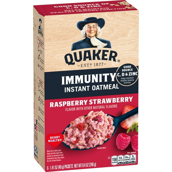 Quaker Immunity Instant Oatmeal, Raspberry Strawberry, Good Source of Vitamins C, D, & Zinc, Whole Grains, 1.41 oz packets, (6 Pack)