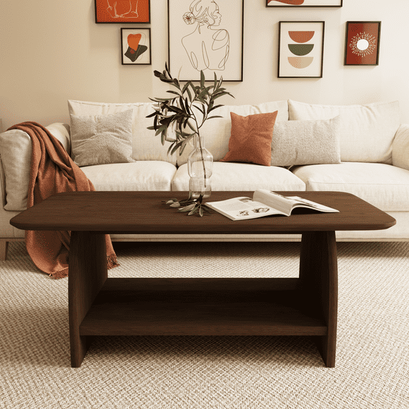 Modern Minimalist Coffee Table, 47 inch Double-Layer Rectangular Coffee Table with Storage, Safety Rounded Design, MDF Wood Material, for Living Room, Easy Assembly