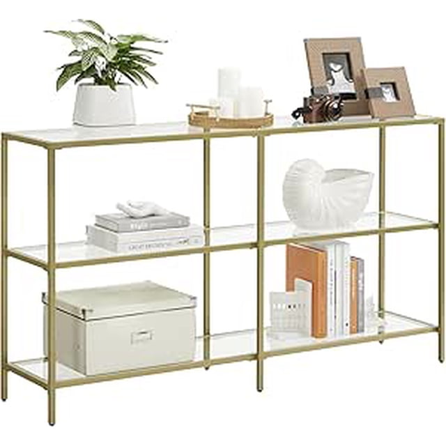 VASAGLE Mesa de Consola, Estante de Vidrio Templado de 3 Niveles, Marco de Metal, 30 x 130 x 73 cm, Dorado Métalico y Transparente