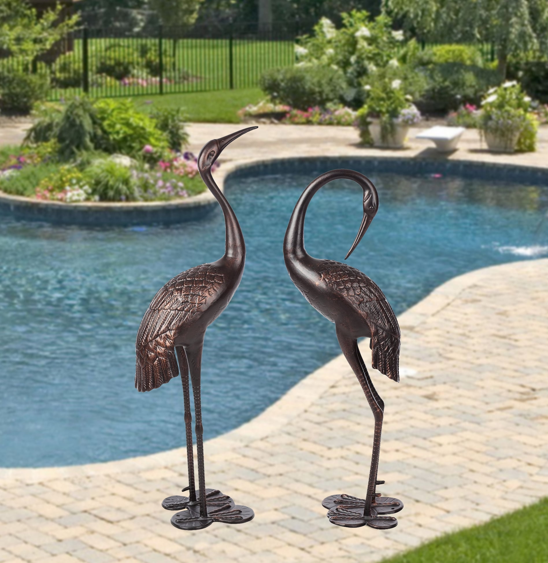 Westcharm Antique Bronze Garden Crane Pair Statue - Upright and Preening Sculpture Set (Male 19" W x 10" D x 43.5" H; Female 12" W x 10" D x 39.5" H)