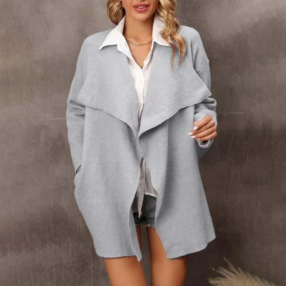 Cardigan Sweaters for Women Wide Lapel Open Front Coat Solid Color Long Jacket Fall Knitted Top with Pockets (Gray M)