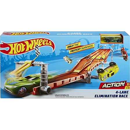 Hot Wheels Toy Car Track Set, 4-Lane Elimination Race with Fair-Start Launcher & 1 Toy Car in 1:64 Scale