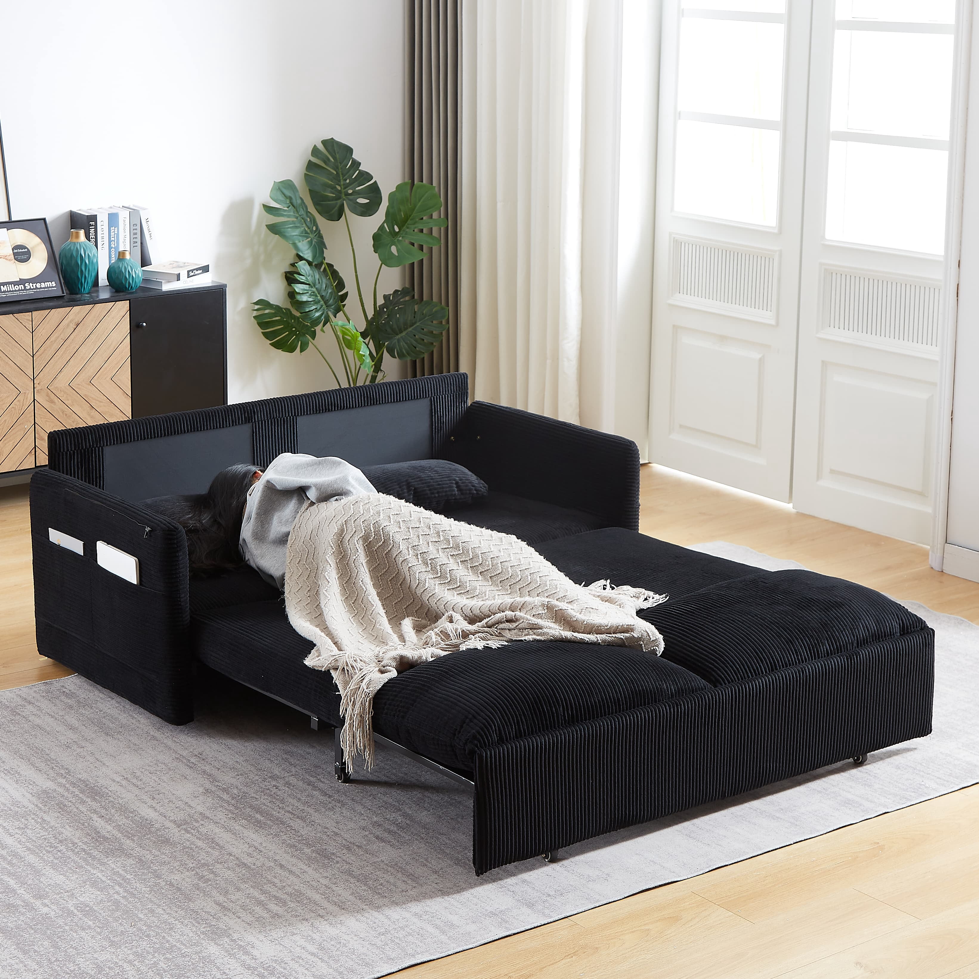 MAYEERTY 64.5 Inch Sleeper Sofa Bed 3 in 1 Adjustable Pullout Bed 2 Pillows Side Pockets Soft Corduroy Convertible Living Room Bedroom Apartment Office