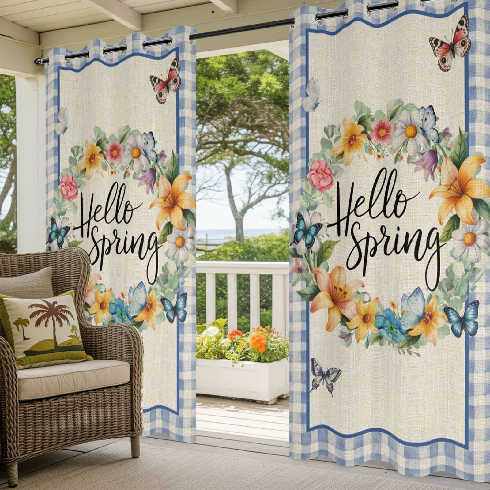 Outdoor Curtains for Patio Waterproof, Hello Spring Windproof Pravicy Outside Porch Blackout Curtain, Farmhouse Floral Eucalyptus Wood Plaid Burlap Sun Blocking Grommets Curtains for Cabana 54"x108"