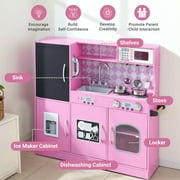COCLUB Play Kitchen, Wooden Kids Kitchen Playset with Chalkboard, Ice Maker, Play Phone, Cookware Accessories, Microwave Toy Kitchen Gift for Boys Girls Age 3-8 Pink