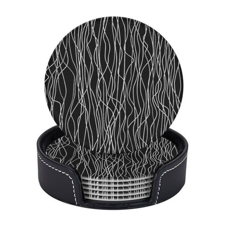 

Hand Drawn Lines Coasters With Leather Holder Set Of 6 Round Coasters for Home and Kitchen Decor