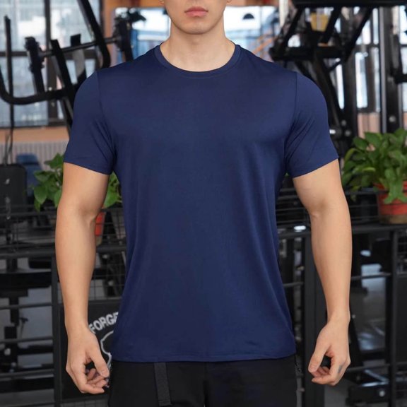 SKIYLEVZ T Shirts for Men Moisture Wicking Round Neck Short Sleeve Breathable Lightweight Slim Fitted Tops Gym Training Workout Everyday Clothing Navy XL