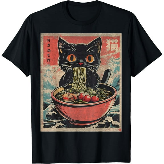 Unisex Anime Cat Ramen Japanese Funny Graphic Tees Kawaii Cat Anime Gifts T-Shirt