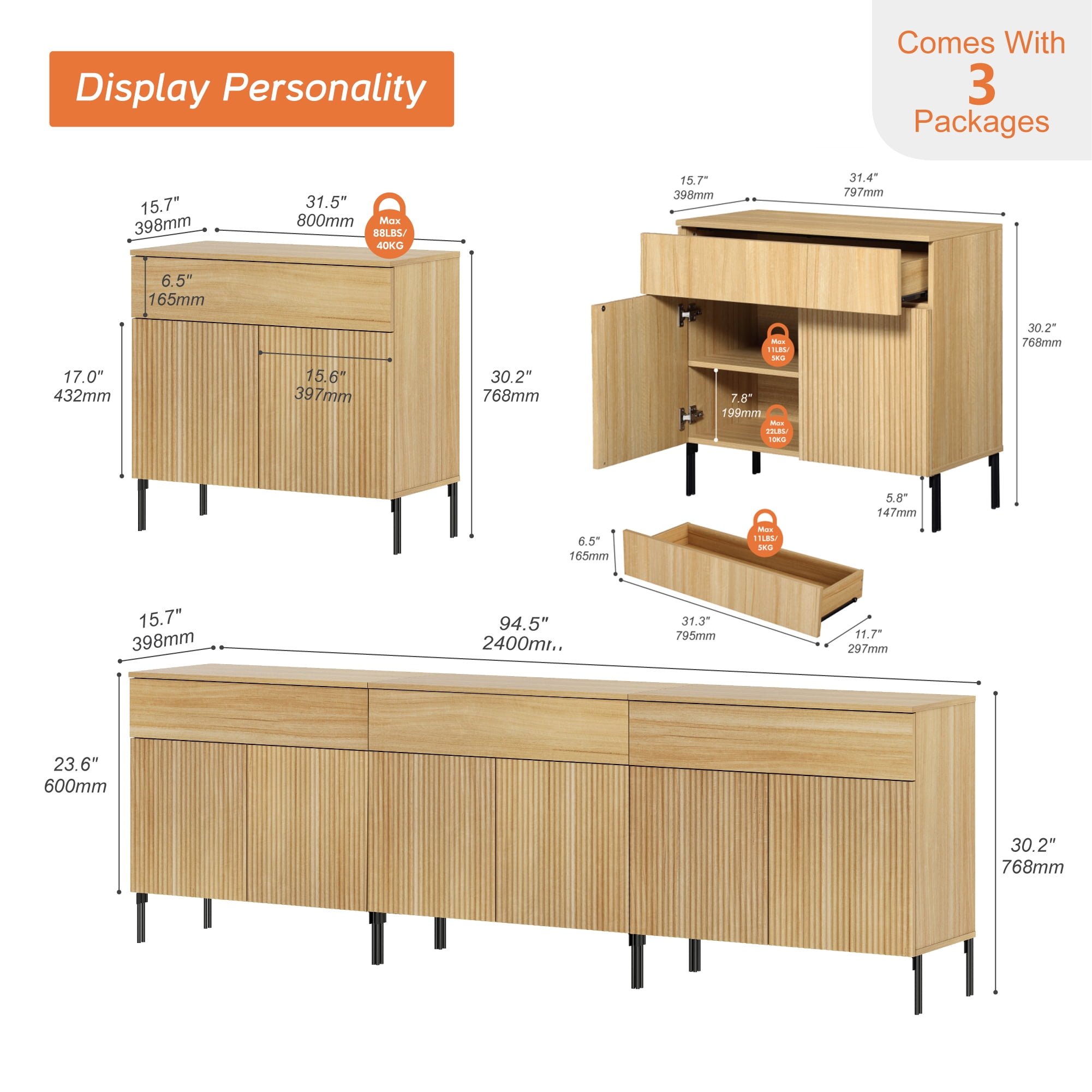 94.5" Wood Reeded Dresser with Drawer for Bedroom, 3-In-1 Minimalist Modern Cabinet, Storage Dresser Organizer for Bedroom Living Room Hallway Closet
