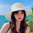 thumbnail image 5 of 55-58cm hat circumference hat female summer outdoor seaside big eaves sunscreen sunshade straw hat bow foldableOff-white, 5 of 5
