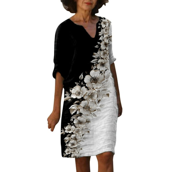 2025 Women Casual V Womens Fashion Casual Summer Neck Elegant Retro Printed Work Dresses for Women office Medium Sleeved Casual Dress Midi Dress with Slit Casual Dress