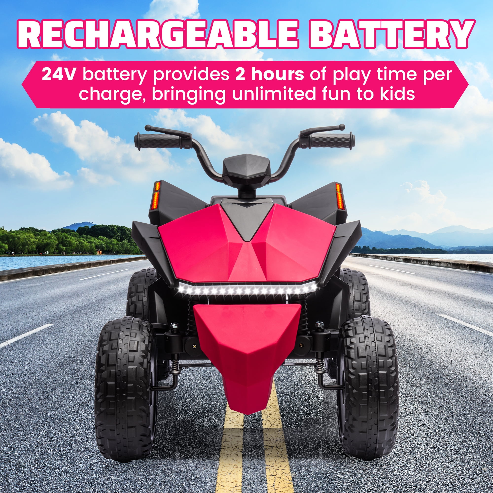 POP FRIENDS Kids ATV 24V, 4WD Ride on Toys Electric Car for Ages 3+ Toddlers Boys Girls with Remote Control, LED Headlights, Anti-Slip Tires, Bluetooth, Music Player, Pro Pink