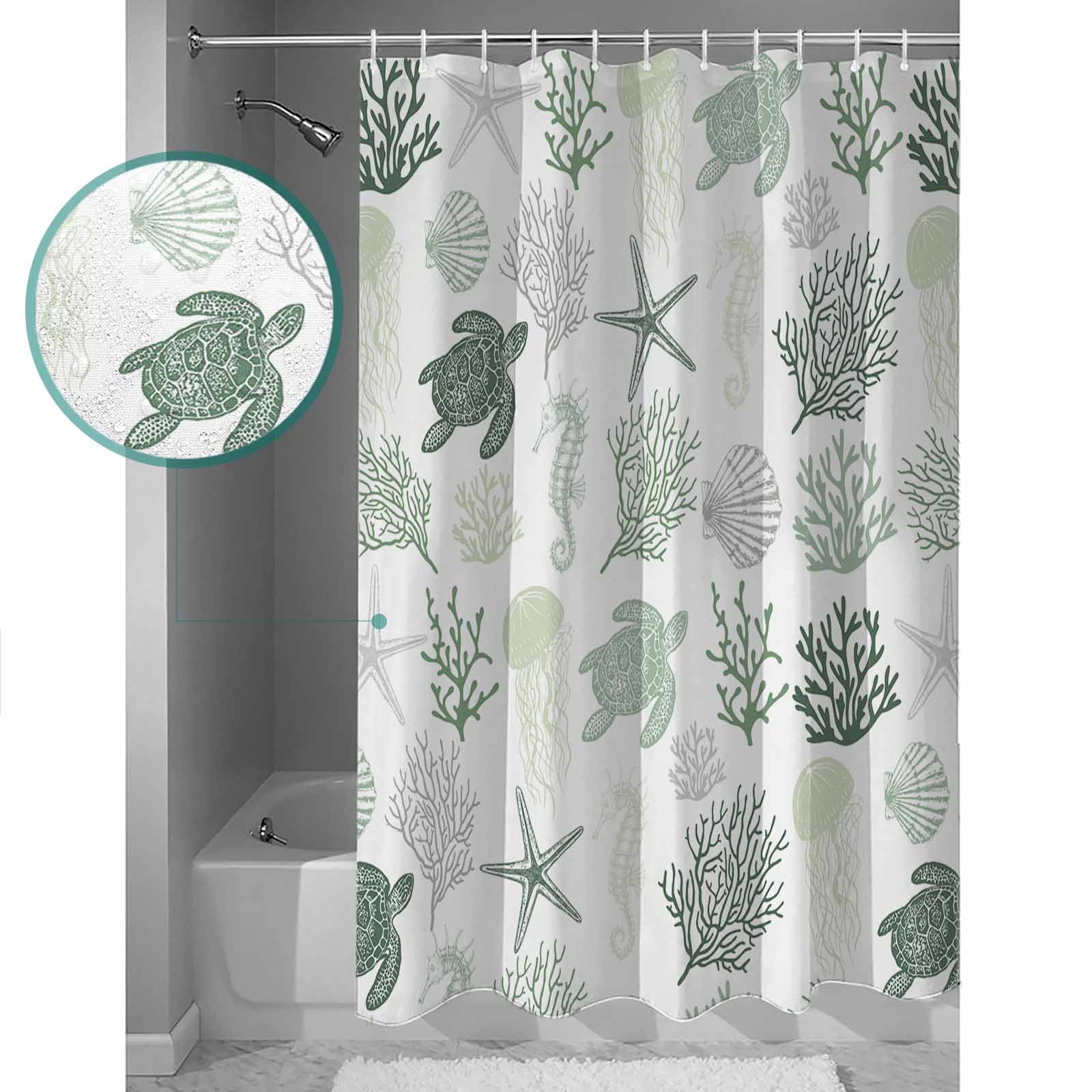 Sage Green Coastal Waterproof Fabric Shower Curtain, Nautical Summer Beach Coral Sea Turtle Shower Curtain for Bathroom Curtains Bathtubs Hotel Washable Shower Curtains with 12 Hooks Standard 60x72