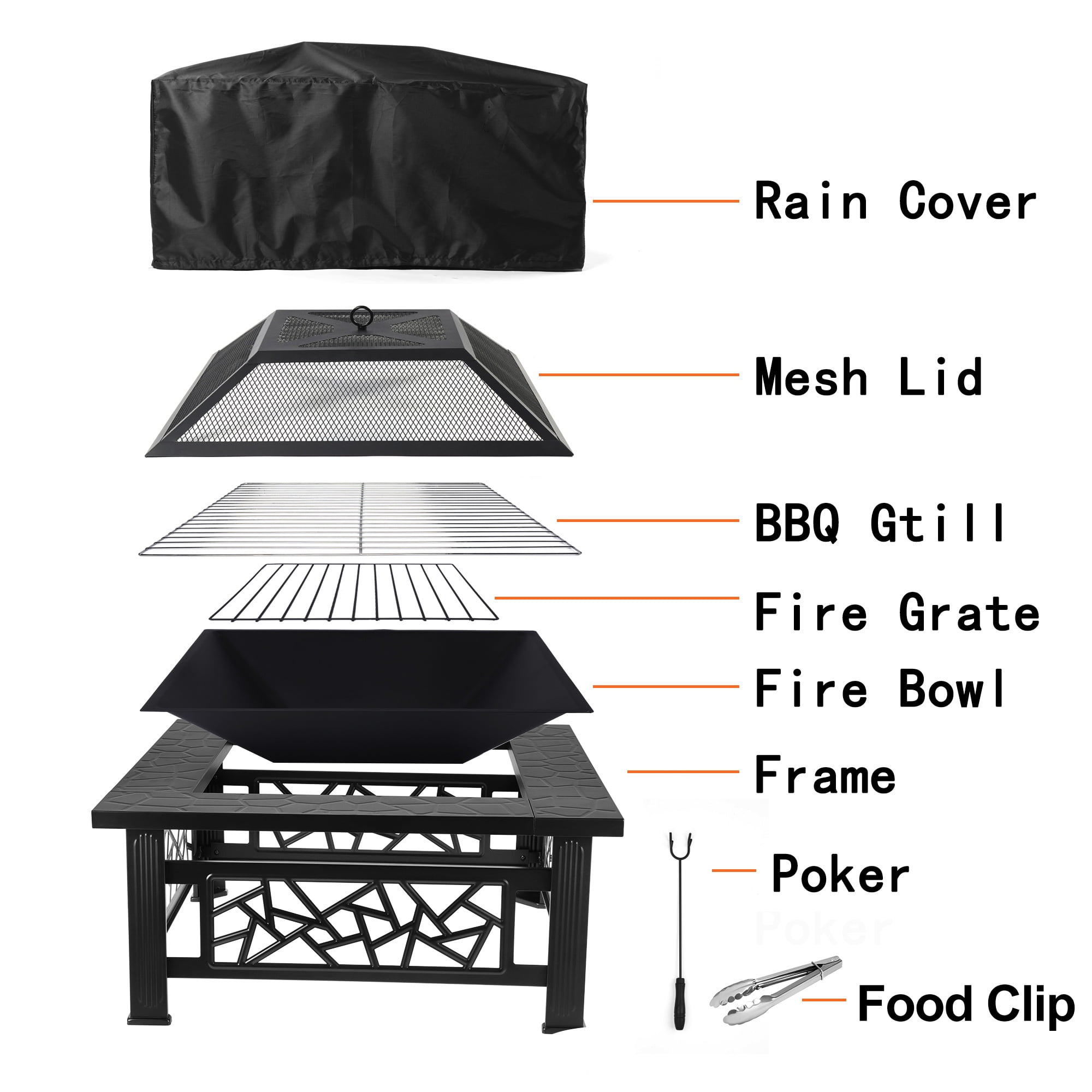 32" Fire Pit Table, UHOMEPRO 3-in-1 Outdoor Fire Pit with BBQ Grill, Mesh Lid & Cover, Modern Metal Square Wood Burning Fire Pit for Outside, Backyard, Patio & Camping