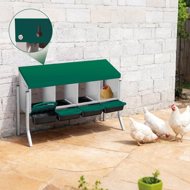 Twister.CK Chicken Nesting Box with Legs, 4-Hole Wall Mount Metal Hen Nesting Box with Roll Away Egg Collection and Easy-Clean Pull-Out Tray for Chicken Coop, Green