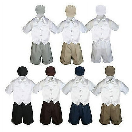 

Boy Toddler Formal White Vest Bow Tie Navy Black Gray Brown Khaki Hat 5pc S-4T