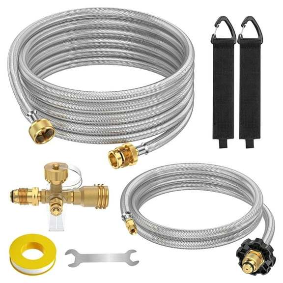 Extend a Stay RV Propane Kit, Propane Gas Brass Tee Adapter with 4 Port for RV or Motorhome, with 5 ft and 12 ft Stainless Steel Propane Hoses for Connecting Auxiliary Propane Bottles or Appliances