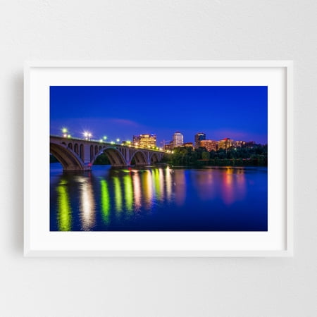 The Key Bridge from Georgetown - Arlington Virginia Photography Bridge City Night Sky Architecture Skyline Water Nightlife White Framed Wall Art Print 5 x 7 inches