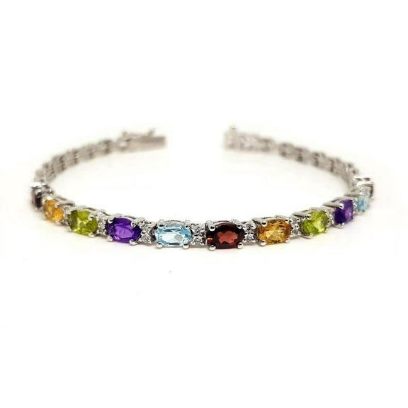 Multi Color Bracelet, 925 Sterling Silver Bracelet, Multi Gems, CZ Bracelet, Womens Bracelet, Handmade Bracelet, Natural Amethyst Peridot Citrine Topaz Garnet, Chakra Bangle, Christmas, Thanksgiving