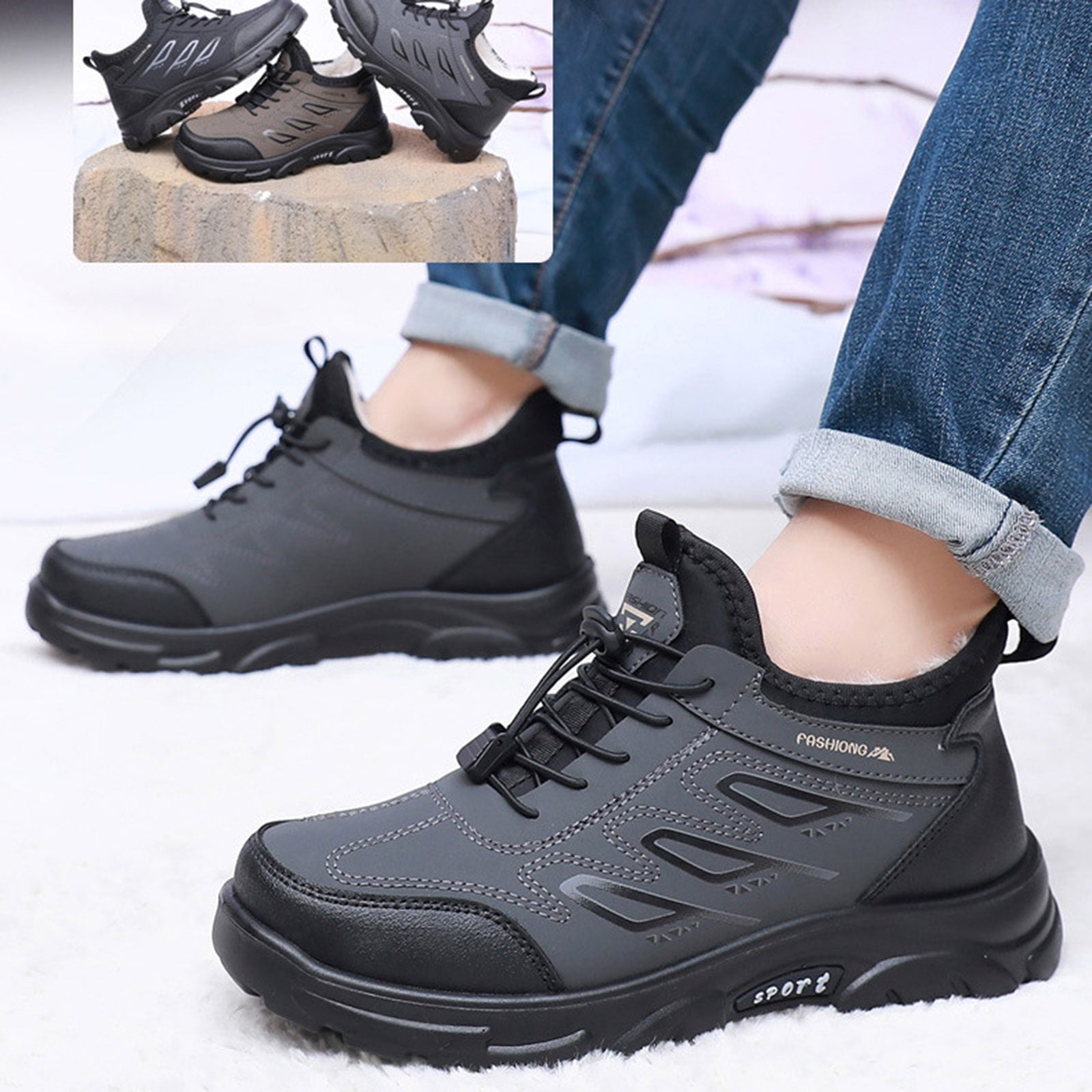 Snow Boots for Men Thickened Warm Comfy Furry Lined Winter Hiking Shoes Adjustable Strappy Fashion Waterproof Leather Outdoor Sneakers Gray Size 10