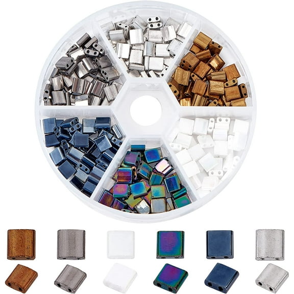 240 Pcs 6 Colors Square Glass Beads - 2-Hole 5*5mm Electroplate Beads for Jewelry Design